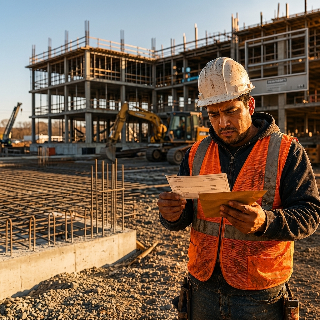 Trabajador de construcción en una obra pública de Massachusetts revisando un cheque de pago